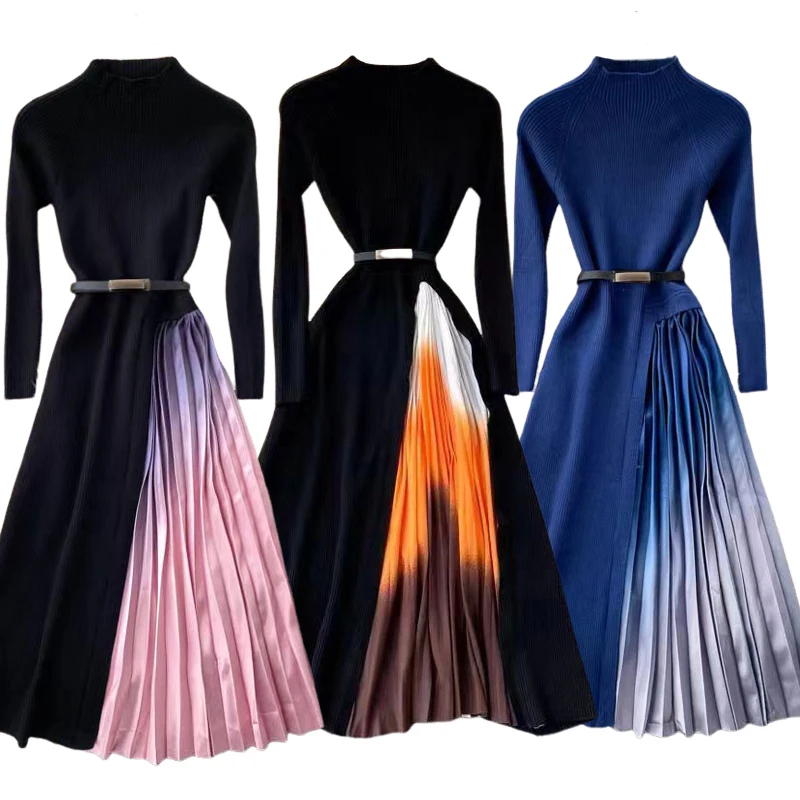 

Helolis Tie Dye Pleated Patchwork Knitted Dress for Women 2023 Autumn Winter Stand Collar Long Sleeve With Belt Long Dresses