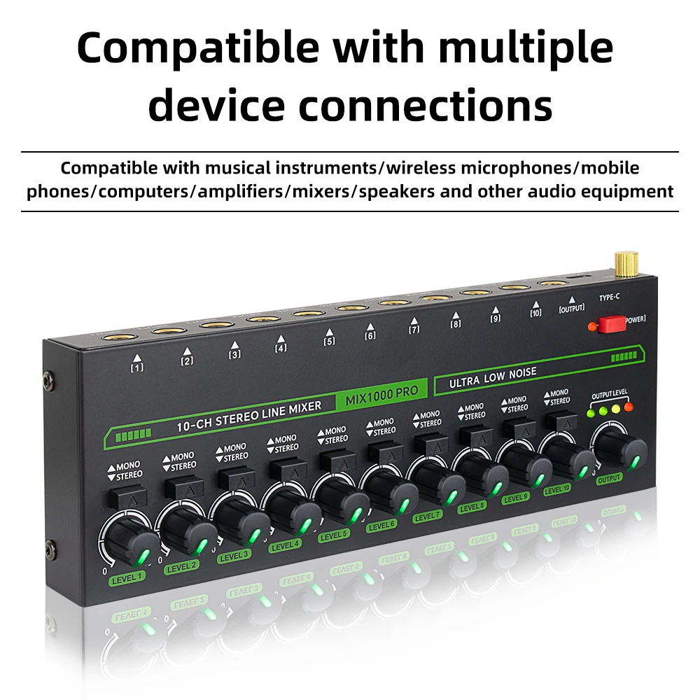 10Channel Audio Mixer Low Noise Stereo Mono Line Mixer 6.35mm TRS/TS Input Type-C Audio Processor for Guitar Bass Keyboard Stage