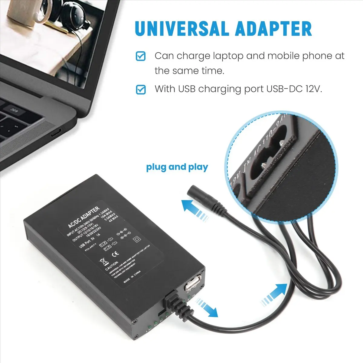(ABGQ) 범용 12V-24V AC 전원 어댑터 조정 가능한 자동차 홈 충전기 USB12V 전원 공급 장치 100W 5A 노트북(38개 DC 커넥터 포함)