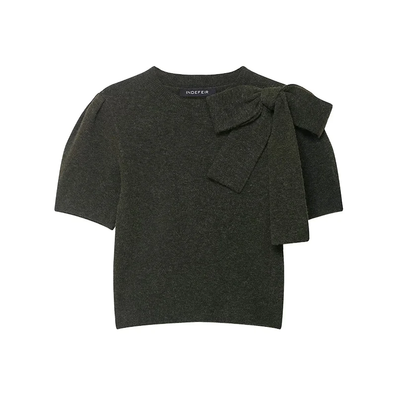 Women's Elegant Bow Knitted Sweater Women Short Sleeve Pullover Top 2025 Autumn New Fashion Casual O-Neck Knitwear Tops
