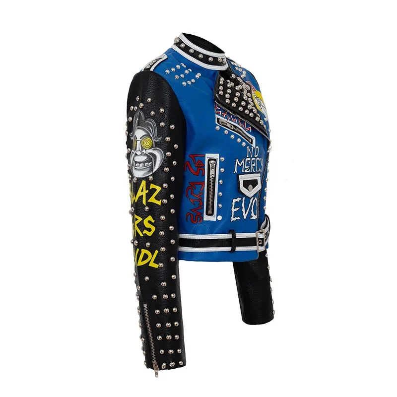 Graffiti Print Cropped Leather Jacket Women 2024 Trend Rock Punk Style Streetwear Motorcycle Faux Leather Studded Jacket