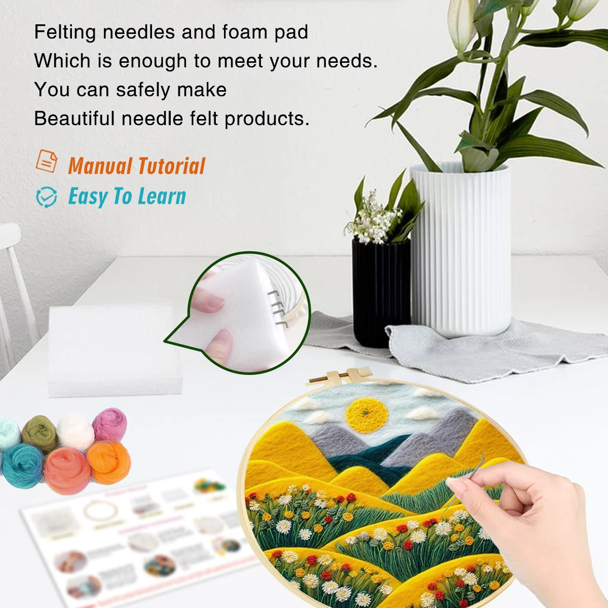 CHENISTORY Funny Diy Needle Felting Wool Painting Scenery Needle Felting Supplies DIY Flowers Embroidery Kit Creative Wool Needl
