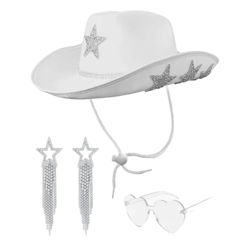 

Блестящая ковбойская шляпа, блестящая ковбойская шляпа, серьги, солнцезащитные очки для музыкальных фестивалей F0T5