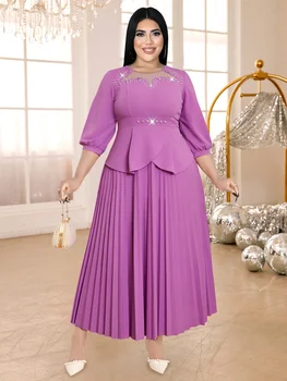 Bead Purple Evening Dress For Women O Neck Bubble Sleeve High Waist Long Pleated Gown African Party Church Event Robe Plus Size