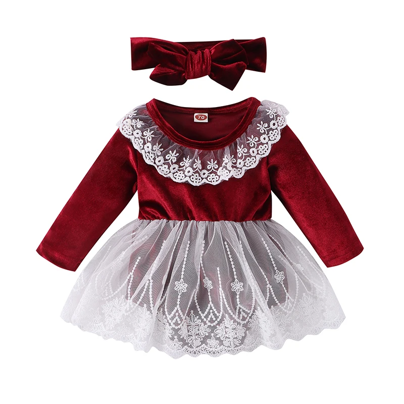 

Baby Girl Christmas Lace Romper Dress Long Sleeve Velvet Tutu Bodysuit Headband Vintage Princess My 1st Xmas Clothes 0-24M