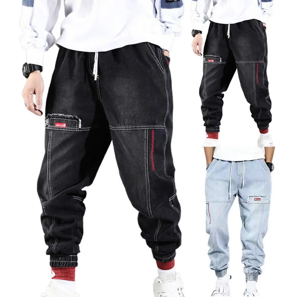 Streetwear Hip Hop Cargo Pants Men's Jeans Solid Color Ripped Elastic Waist Casual Student Trousers Autumn and Spring Men Pants