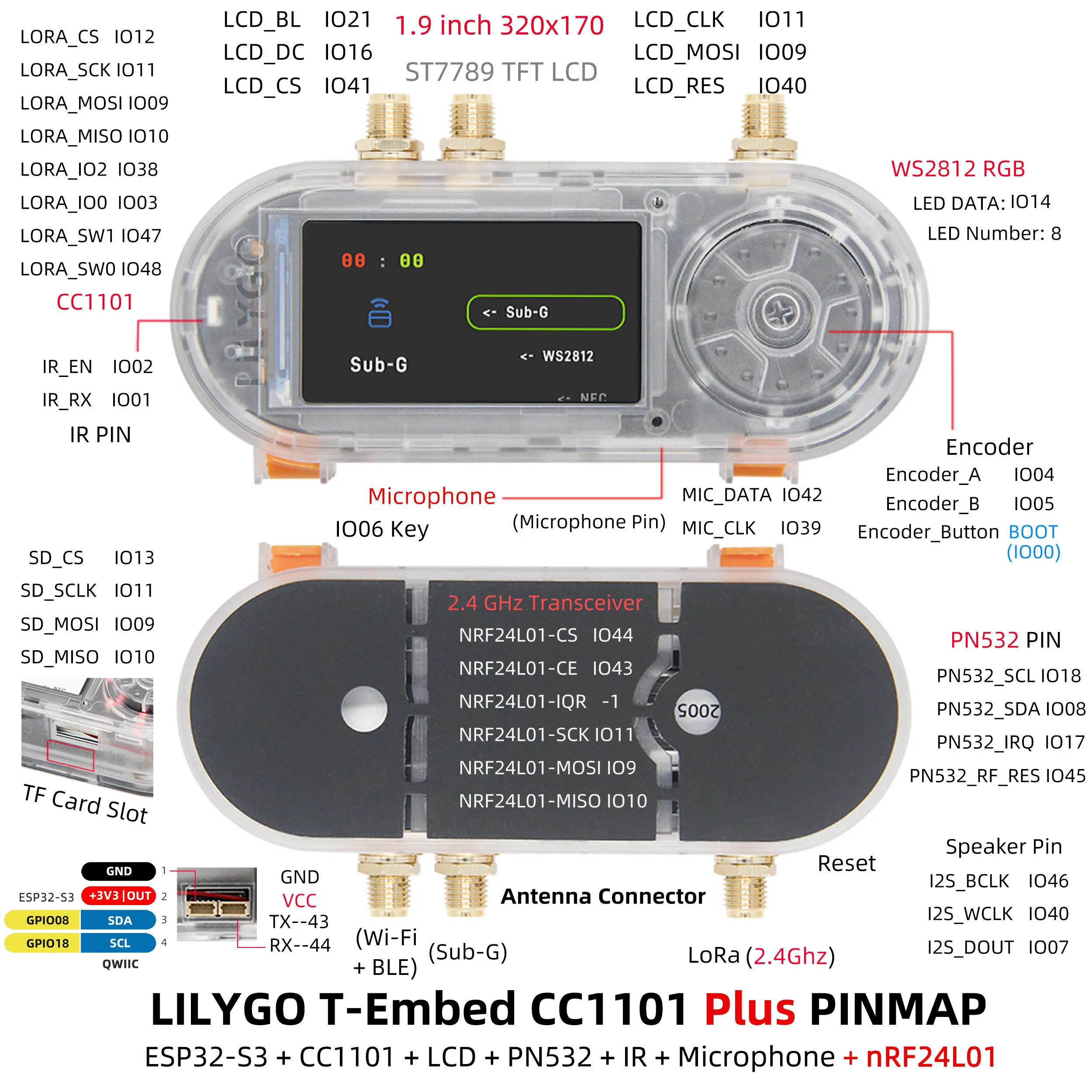 T-Embed CC1101 Plus 다기능 보드 ESP32-S3 코어 서브-1GHz/2.4GHz 듀얼 밴드 통신 1.9인치 LCD+NFC+IR 리모컨