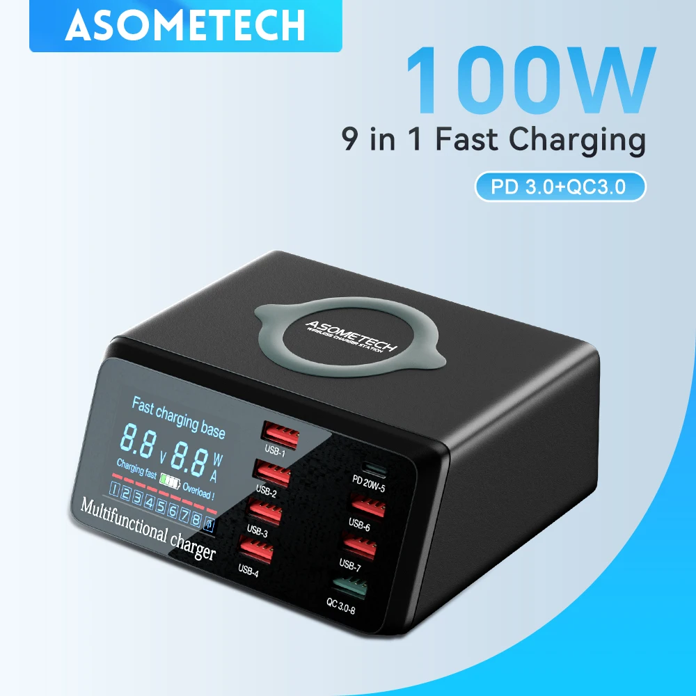 ASOMETECH 100W 8 포트 USB 충전기 스테이션, 무선 충전, LED..