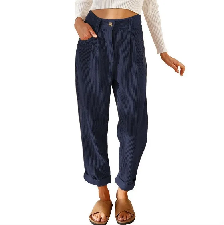 Autumn New Women's High-waisted Casual Pants Europe and The United States Solid Color Corduroy Loose Straight Trousers Women