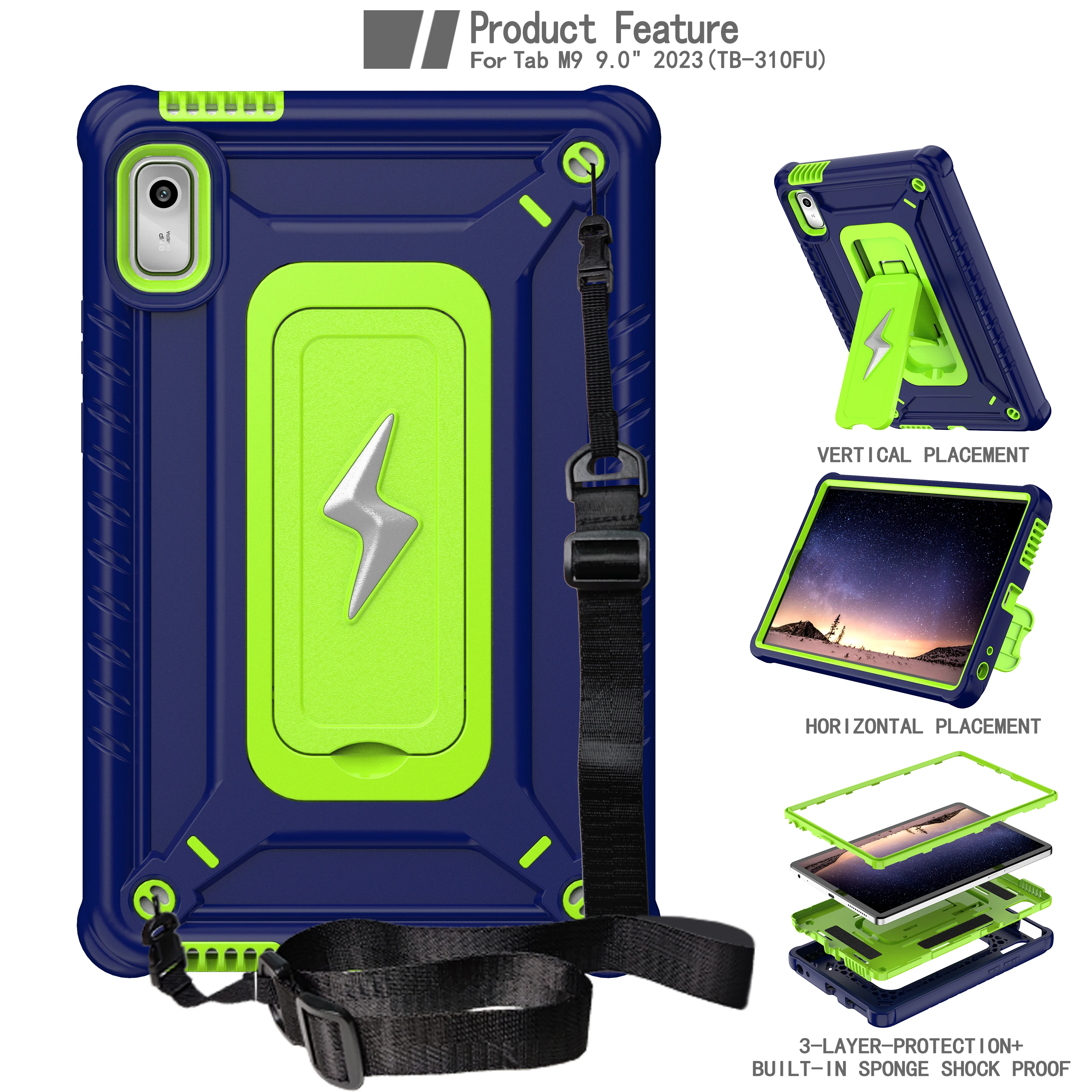 Shockproof Hybrid Tablet Case with Kickstand and Shoulder Strap