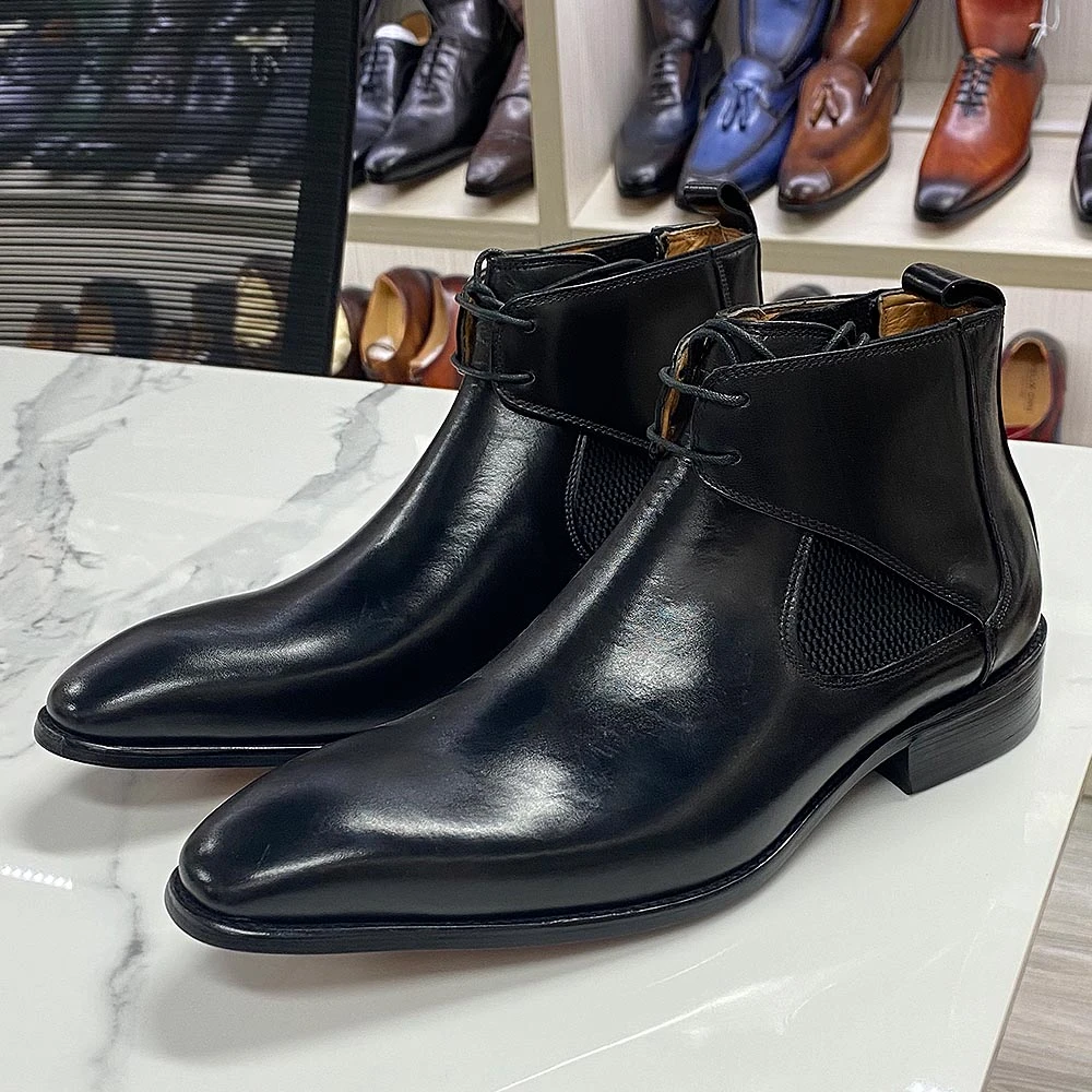 Botas de cuero de callejero para hombre, botines cuadrados y lisos de cuero Real, Chelsea, negro y marrón, zapatos de vestir hechos a mano con cordones|Botinas| - AliExpress