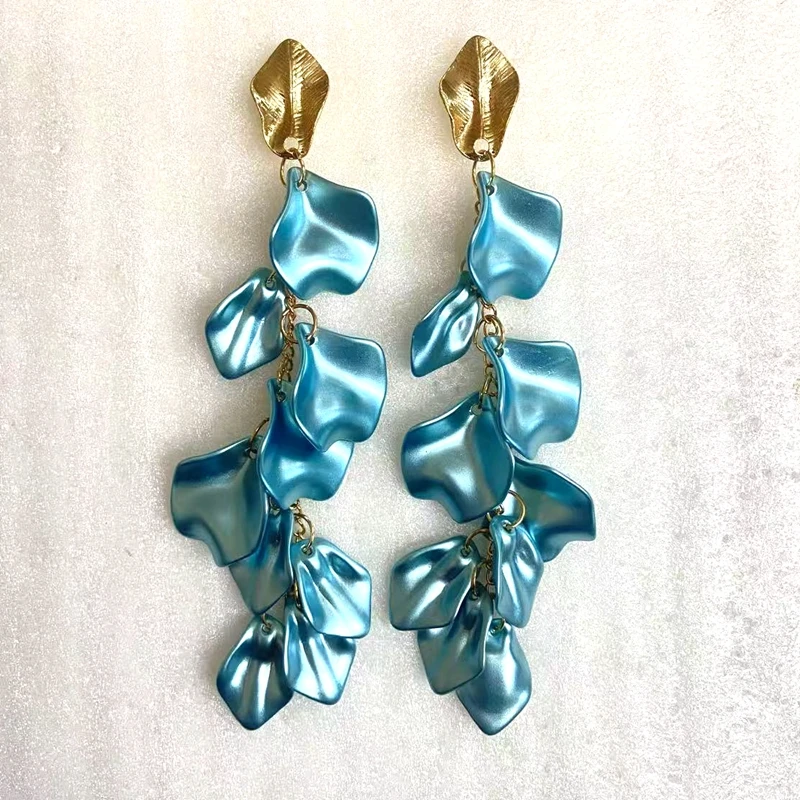 Gold Metal Leaf Acrylic Petal Tassel Earrings - Bold Floral Statement in Rose, Pink, and Orange