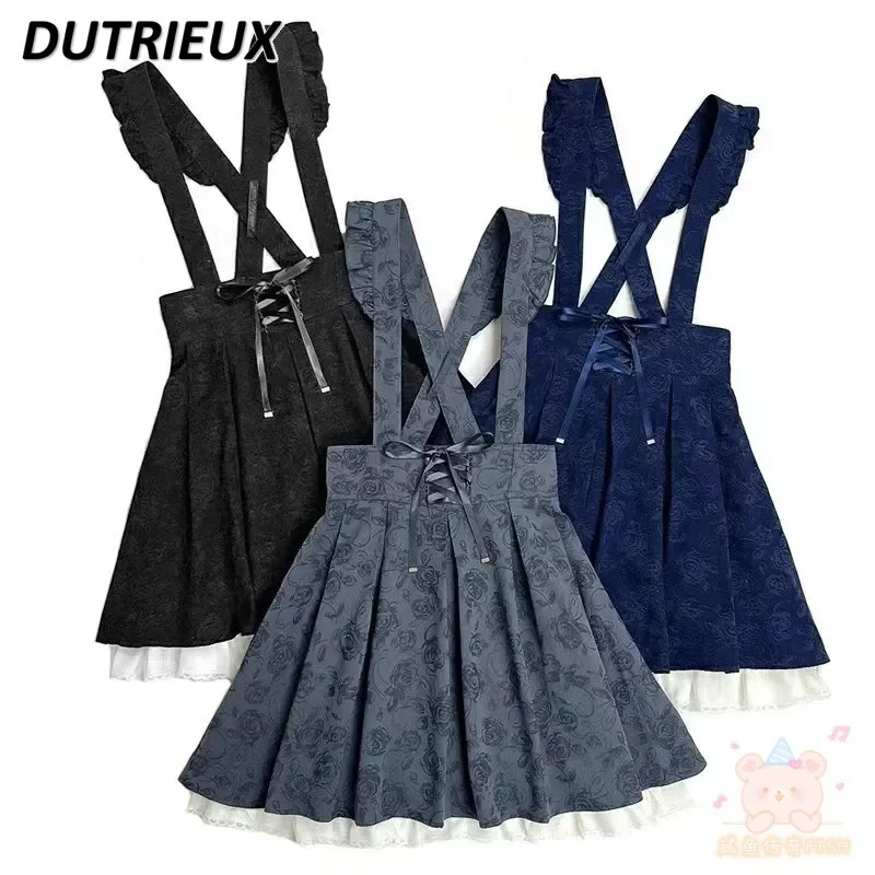 

Japanese Lolita Style Rose Dark Pattern Classic Lace-up Pleated Skirt Stitching Mine Mass-Produced Sweet Girls Suspender Skirts