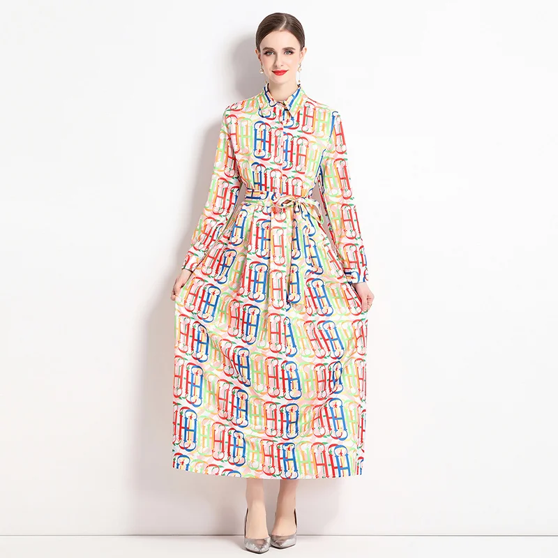

Fashion Runway Shirt Maxi Dress Women Long Sleeve Turn Down Neck Vintage Letter Print High Waist Lace Up Holiday Robes M3949