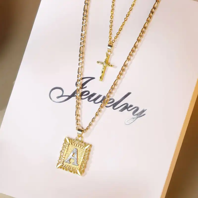 Letter Necklace Layered Initial Cross Necklace, Layering Square Letter Pendant Figaro Chain Cross Choker  for Women Girls
﻿ - Image 3