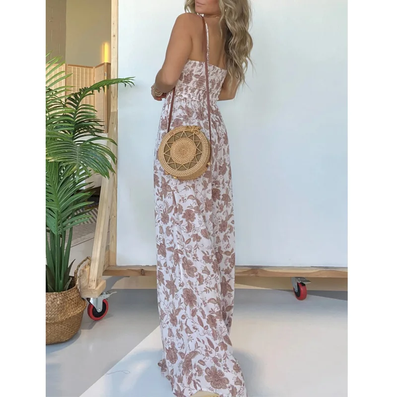 2024 New Fashion Women Jumpsuits Summer Slim Floral Printed Spaghetti Strap V Neck Elastic Waist Wide Leg Jumpsuit