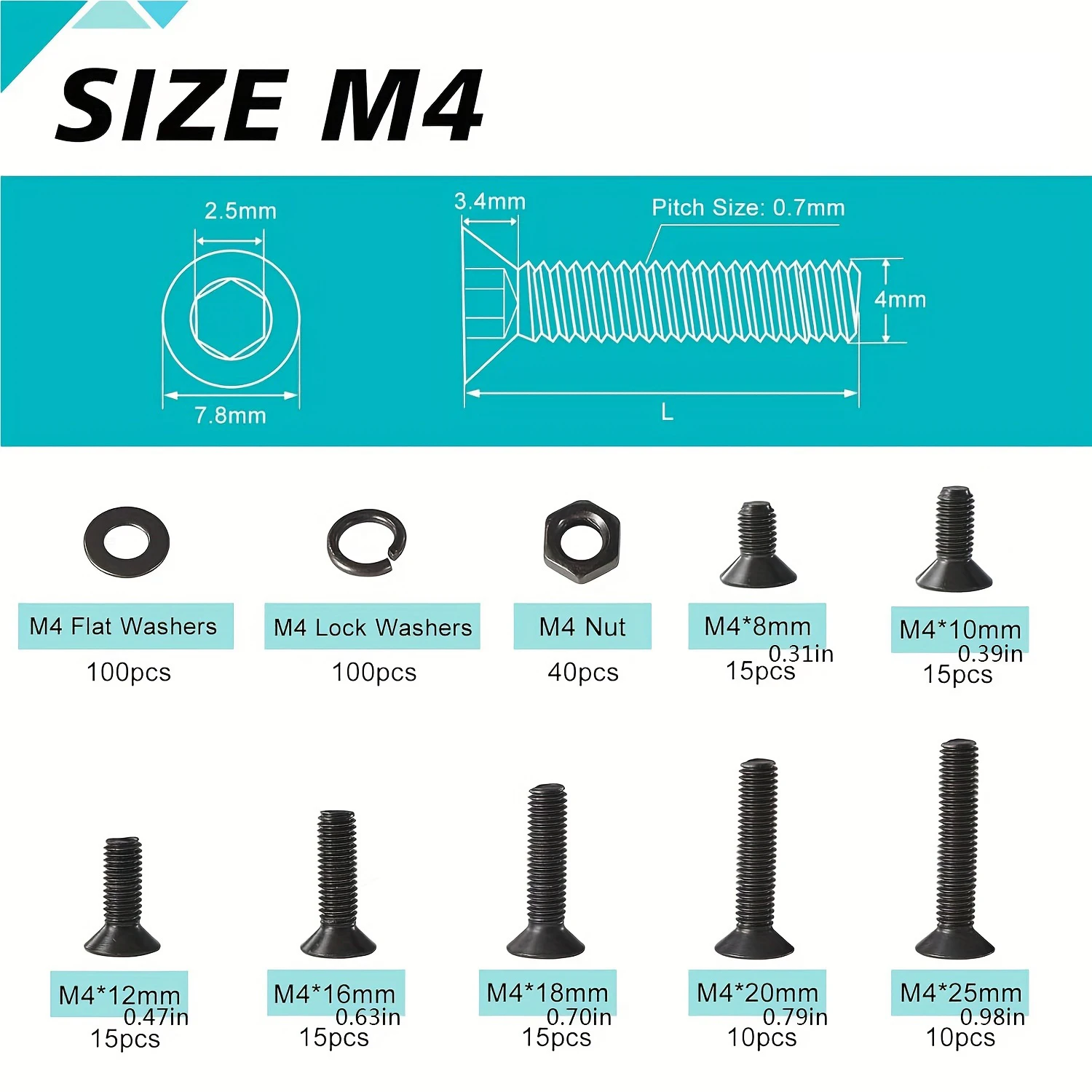 M4 x 8mm 10mm 12mm 16mm 18mm 20mm 25mm 30mm 35mm 40mm 45mm 50mm Flat Head Hex Socket Cap Screws Countersunk Bolts 335PCS/200PCS