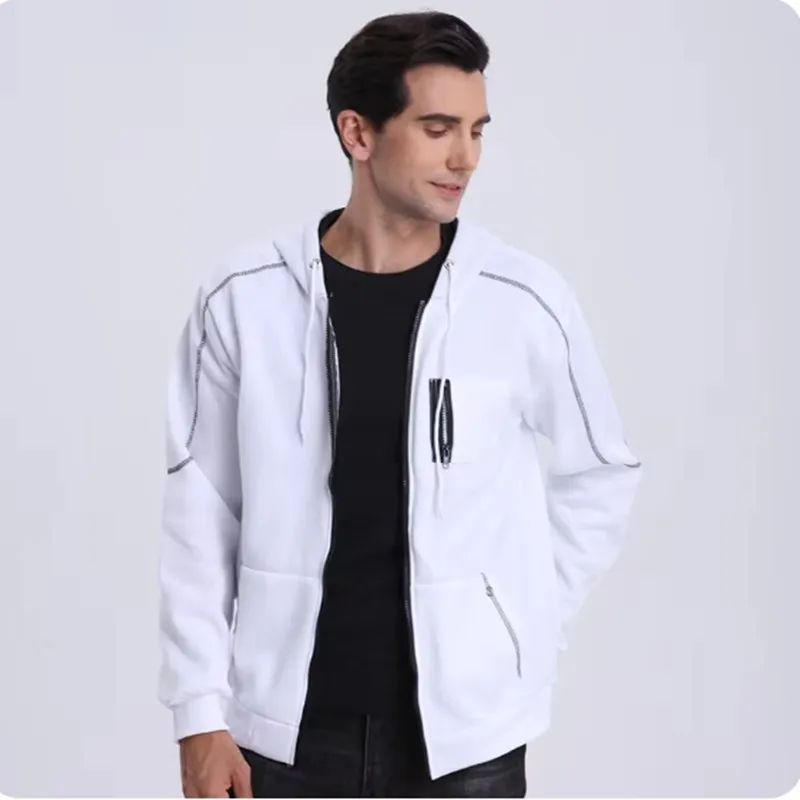 Men's Jackets Fashion Hoodies Long Sleeve Zipper Hoodie Hooded Fleece Sweatshirts Casual Sports Men Clothing Plus Size Black Whi
