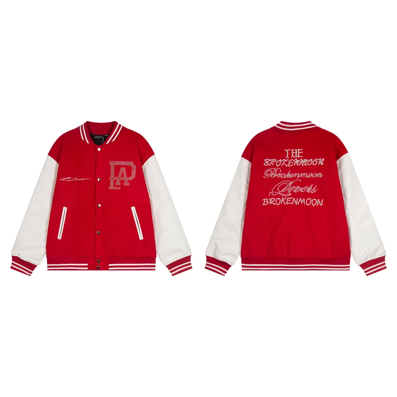 thumbnail image 1 of Chaqueta de béisbol con mangas de cuero y parches de diamantes de imitación y perlas rotas, chaqueta holgada informal de calle, moda urbana de hip-hop y rock, 1 of 5