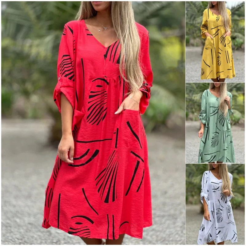 2024new fashion casual high waist print long sleeve plus size dress
