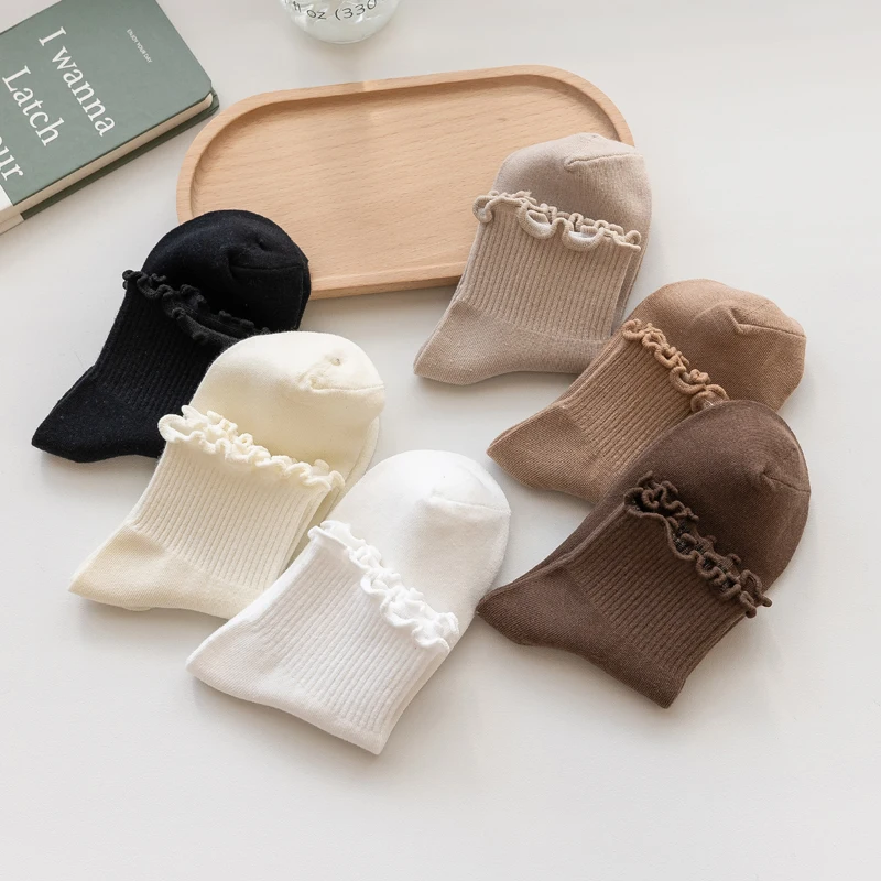 3 Pairs/Lot Cute Socks For Women New Japanese Style Breathable Girls Short Socks Kawaii Solid Frilly Ruffle Casual