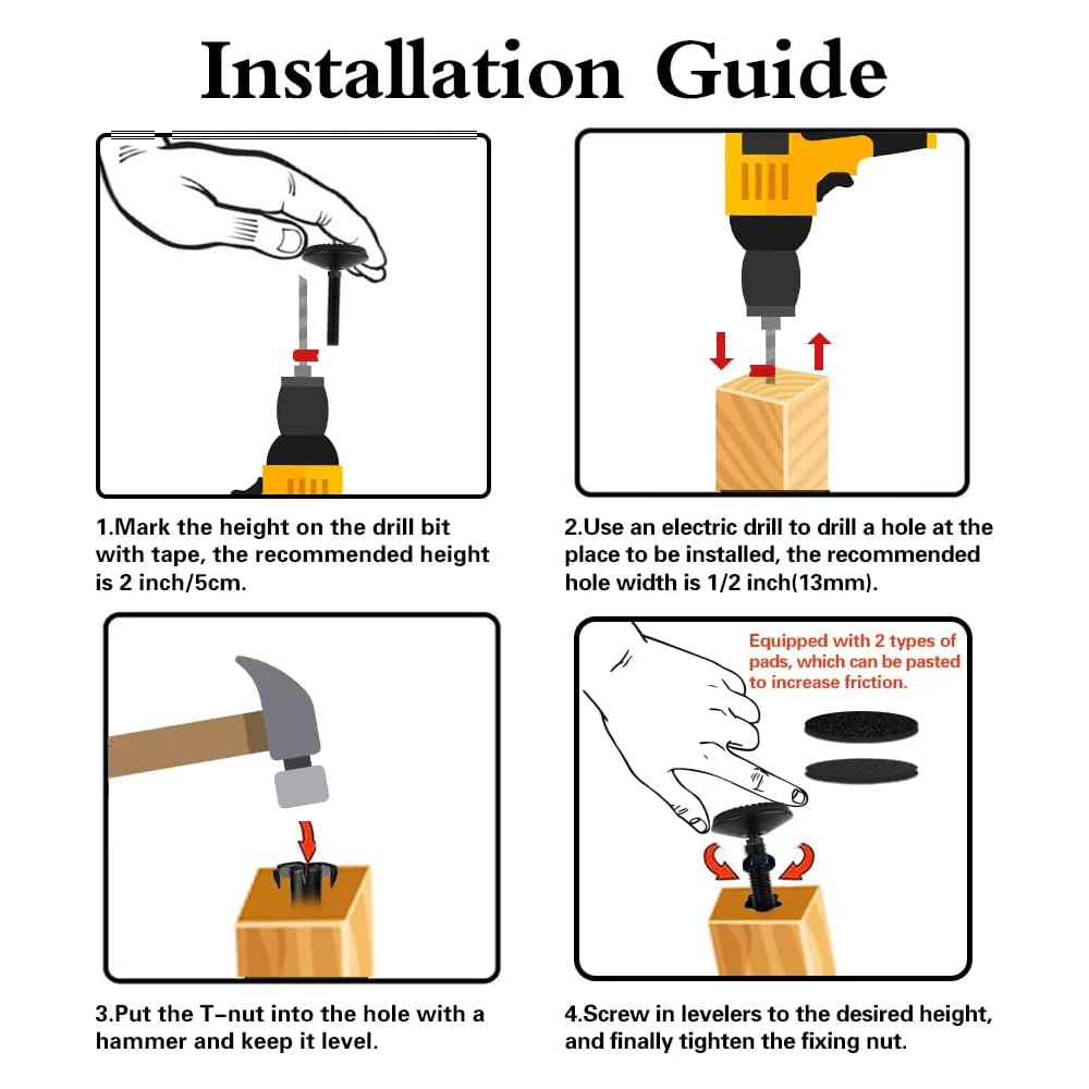 4 세트 헤비 듀티 높이 조절기 T 너트가있는 가구 레벨러 발, 캐비닛 레스토랑 테이블 의자 셀프 레벨러 다리에 나사