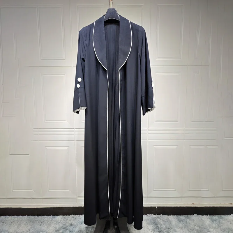 Eid Ramadan Abaya Muslim Women Elegant Moroccan Kaftan Dress Cardigan Open Long Pleated Robe Lace Black Islamic Jalabiya Gown