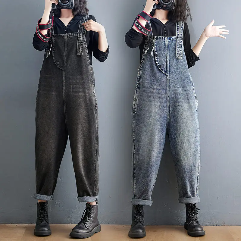 

Комбинезон женский джинсовый в винтажном стиле, на подтяжках, батальных размеров, модель H512 на раннюю весну, 2022