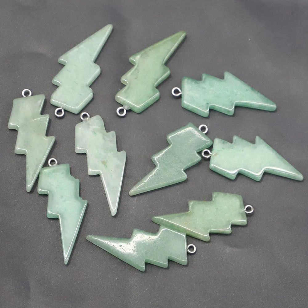 Hot 42x20MM Natural Stone Green  Aventurine Lightning Pendant Charms for Healing Crystal Necklace Jewelry Making 10pcs Wholesale