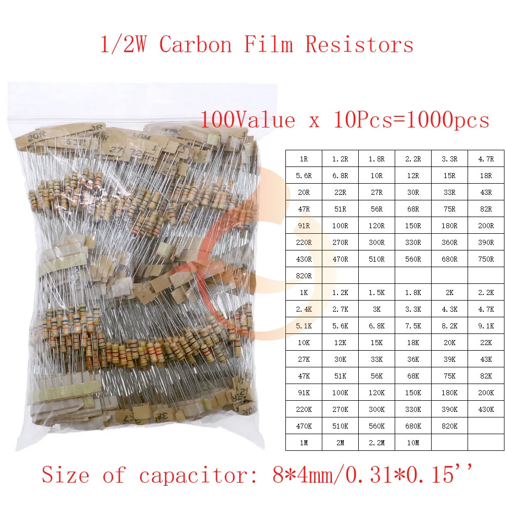 carbon film resistors kit 1/8W 1/4W 1/2W 1W 2W 3W 5W Carbon Film Resistors Assortment Kit 5% Electronic Components resistor package