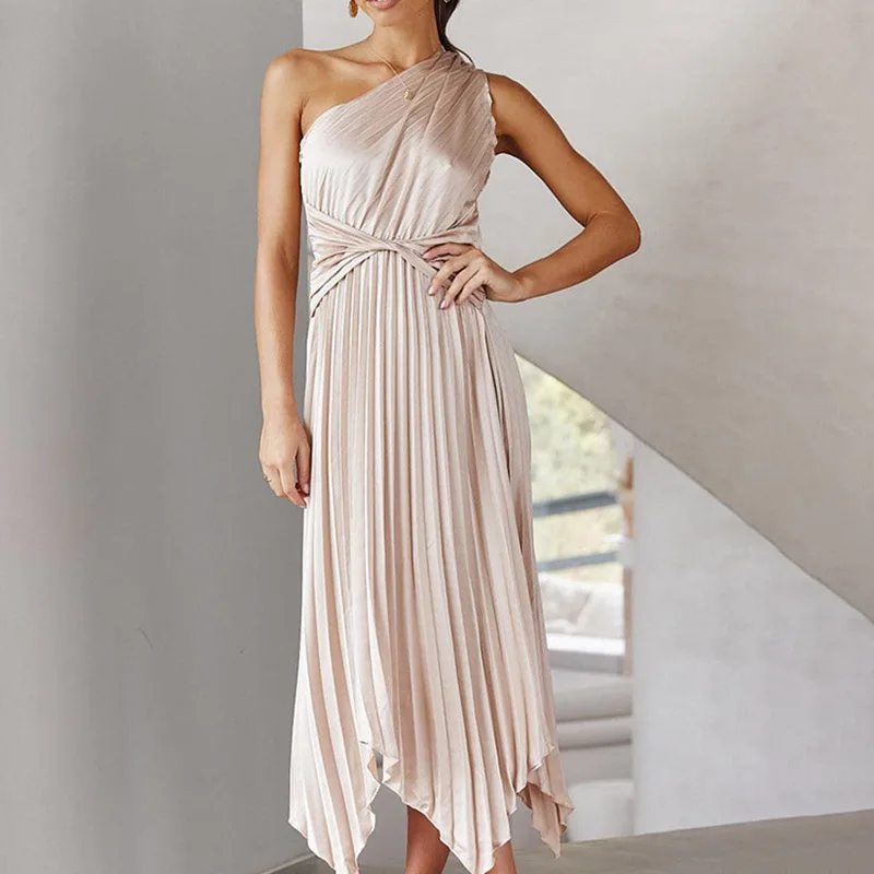 Women One Shoulder Irregular Pleated Satin Wedding Guest Dress