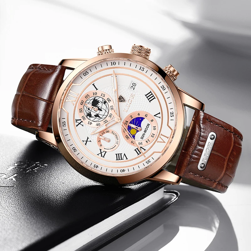 LIGE Fashion Leather Watch Men Casual Business Men's Quartz Wristwatches Military Sports Waterproof Chronograph Montre Homme+BOX