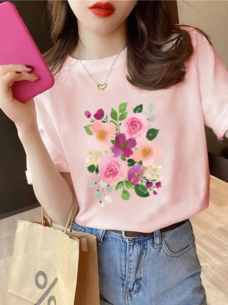

Tee Top Clothes Flower Plant Watercolor 90s O-neck Print T Shirt Short Sleeve Fashion Summer Women Clothing Graphic T-shirt