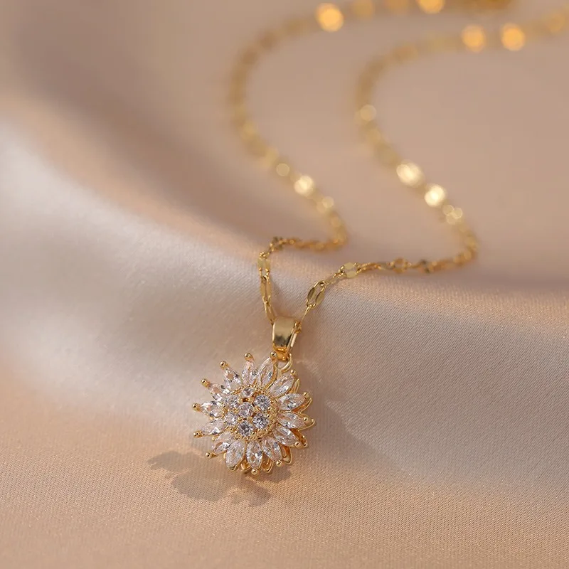Double Layered Rotatable Sunflower Necklace Women's Collarbone chain Holiday Gift pendant necklace