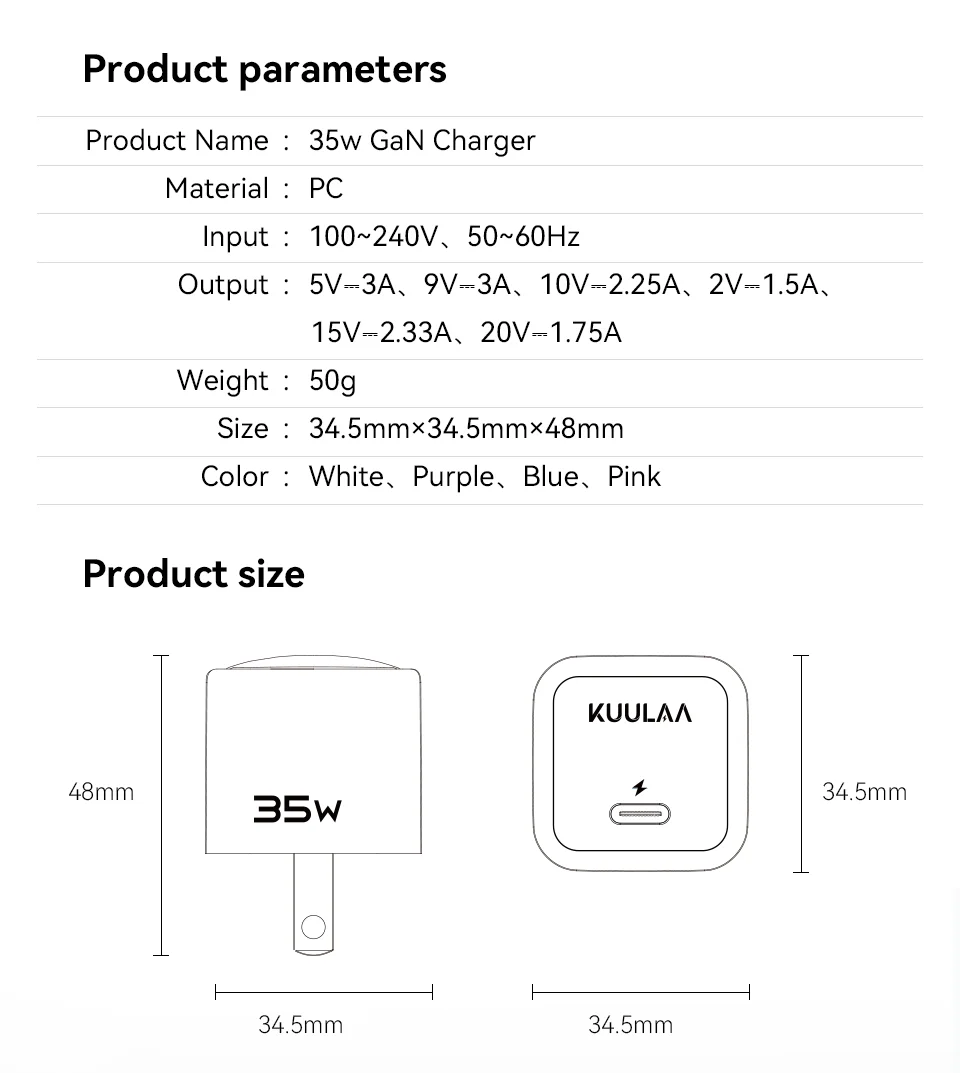 KUULAA USB C Charger 35W GaN Type C PD Fast Charging For iPhone 15 14 13 12 11 Pro Max For iPad Pro Air iPad Mini Huwei Xiaomi