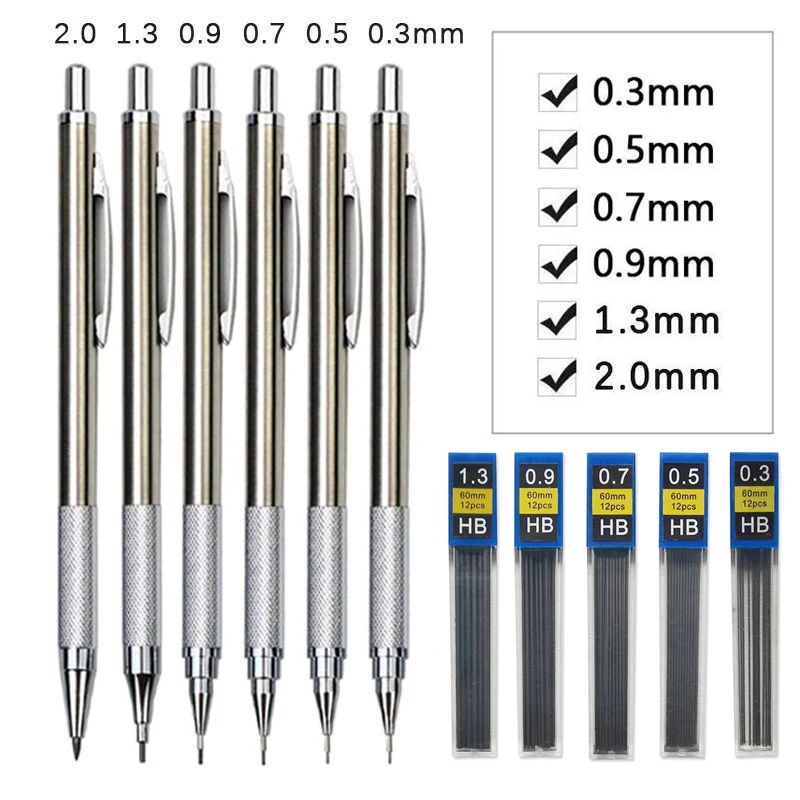 0.5 0.7 0.9 1.3 2.0mm Mechanical Pencil Set Art Automatic Metal