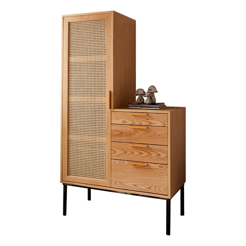 

PQF Rattan Wardrobe Bookcase Solid Wood Sliding Door Wardrobe Furniture