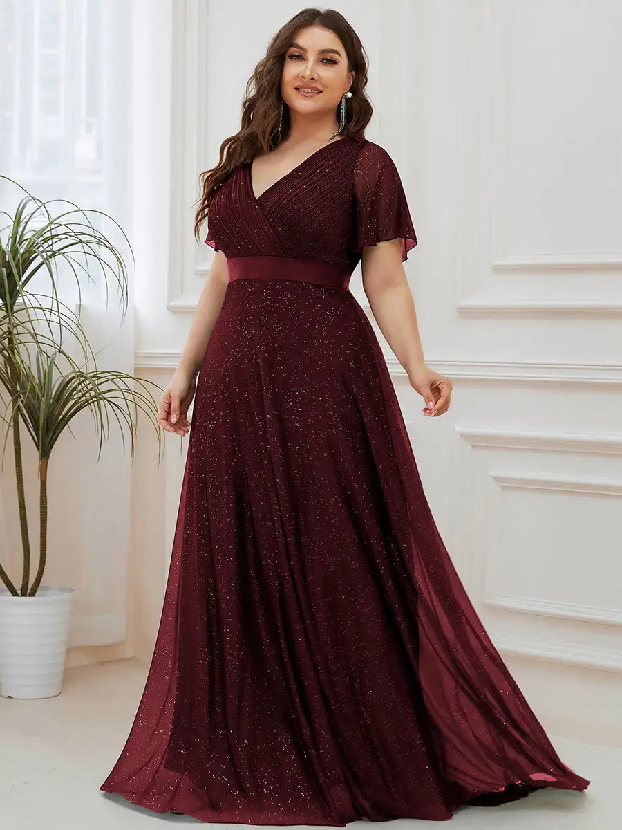 Chiffon Plus Size Evening Dresses with Long Lantern Sleeves V Necked F –  Avadress