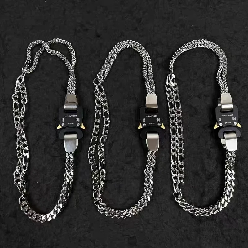 

1017 ALYX 9SM Gaya Fungsional Lapisan Ganda Jahitan Kalung Kuba untuk Pasangan Logam Kunci Gesper Rantai Kalung Punk Hip Hop