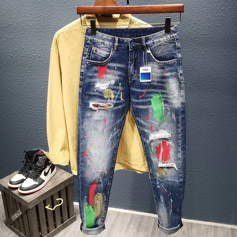Men Graffiti Jeans Fashion Spray Paint Ripped Hole Personality Hiphop Streetwear Slim Youth Denim Trousers