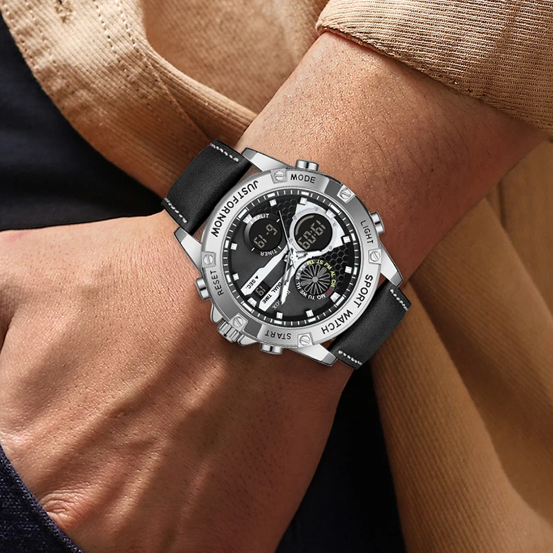 2025 FOXBOX Sport Watches for Men Strong Luminous Dual Display Waterproof Quartz Genuine Leather Wristwatch Relogio Masculino