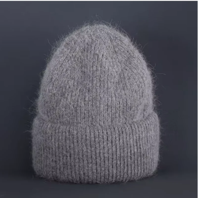 Winter rabbit fur fluffy knitted hat warm angora beanie hat for women girls soft warm ski snow outdoor knitted wool