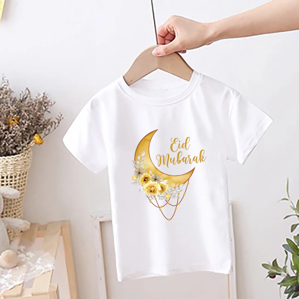 Eid Mubarak Moon Flower Printed Kids Shirts Islamic Muslim Holiday Boys Girls Short Sleeve Outfit Child Eid Ramadan T-shirt Tops 2