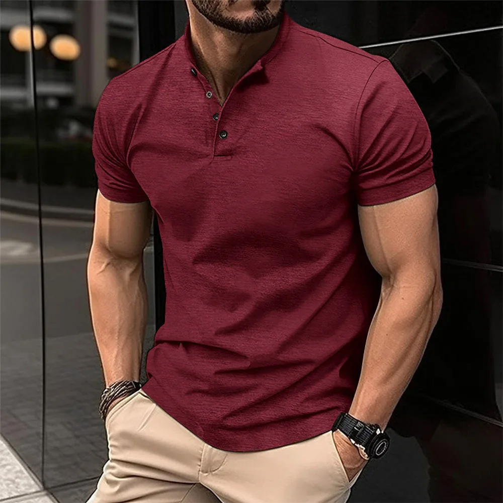 Nuova Collezione Estate 2026: T-shirt da Uomo con Colletto Henley, Bottoni, Slim Fit, Casual, Tinta Unita, Manica Corta, Sportiva, Stile Polo - immagine 4