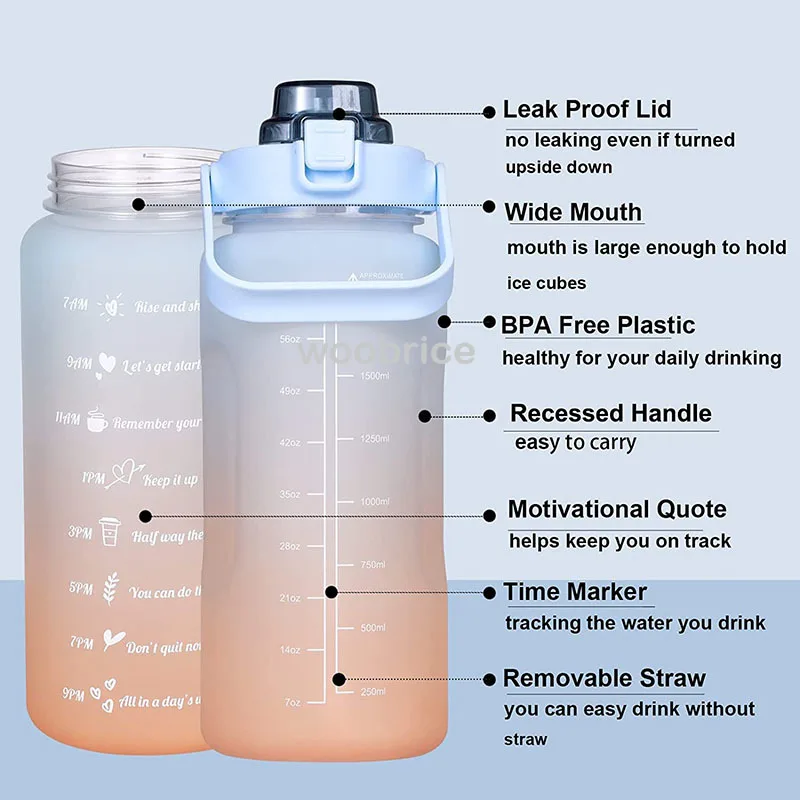 Motivational 2L Portable Sports Water Bottle with Time Marker and Stickers