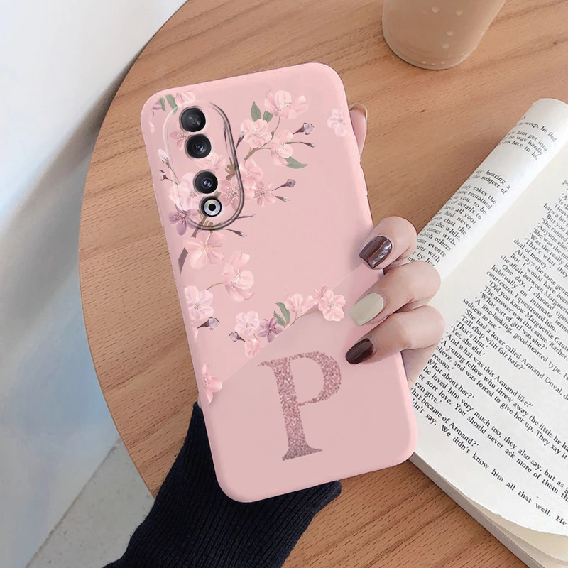 For Honor 90 Case Stylish Letters Soft Silicone Cover Beautiful Cherry Flower Initial Alphabet Fundas For Honor90 Shell Bags