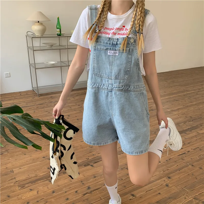 Suspenders For Women Summer Denim Shorts Korean Style Wide Leg Jeans Pants Light Blue High Waisted Baggy Casual Fashion Shorts