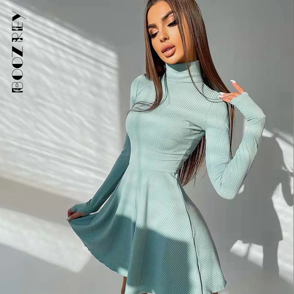 BoozRey Elegant Solid Dress for Women Long Sleeve Knitted Bottoming A-line Pleated Skirt Casual Streetwear Turtleneck Dress Girl