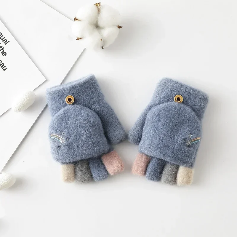 Cute Cartoon Kids Five-finger Flip Knit Mittens Plush Baby Gloves Children Boy Girls Winter Soft Warm Thick Half Finger Glove