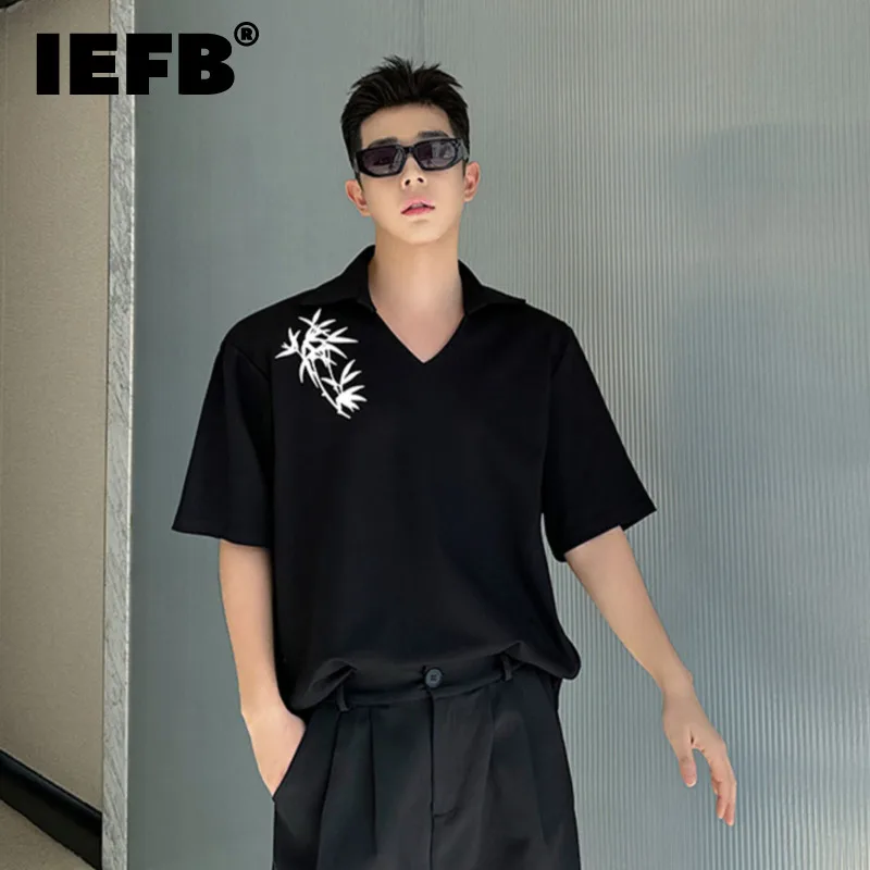 

IEFB Male T-shirt Neckline Bamboo Print New Chinese Style Men's Fashion Trend Short Sleeve Loose Contracted Design Top 9C5791